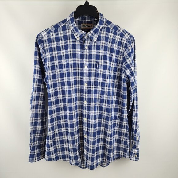 Barbour Shirt Mens Medium Check Tailored Fit Linen Blend L/S Blue Plaid Tartan - Picture 1 of 7